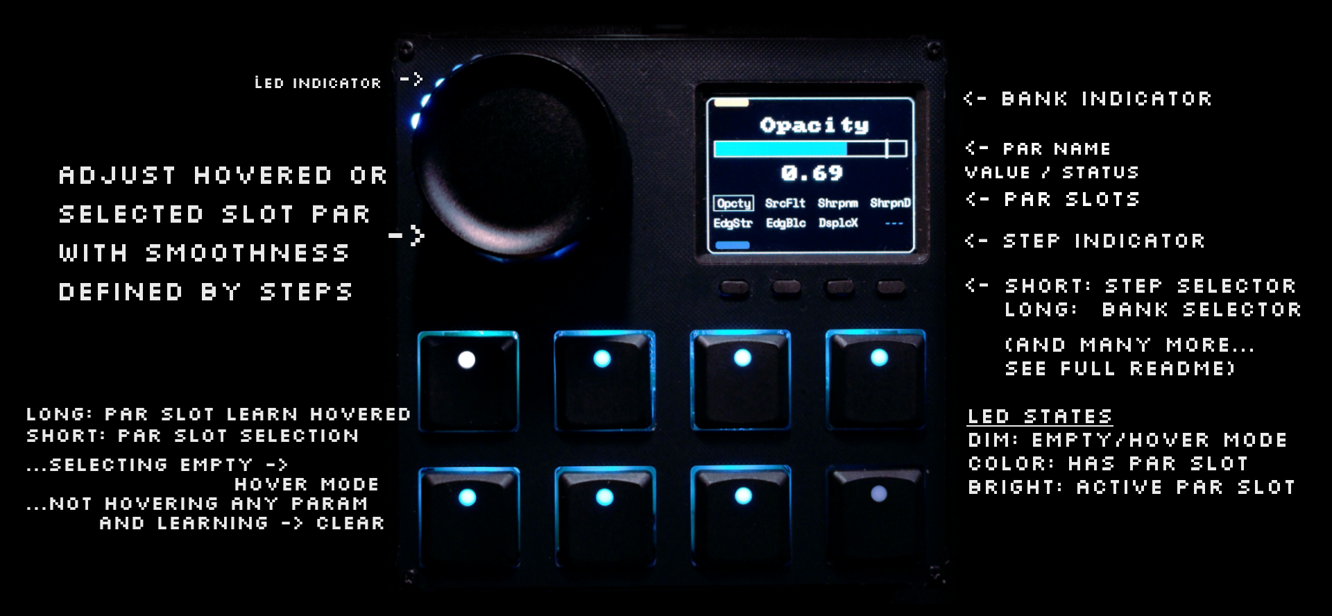VSN1 controller with bitmap font overlay showing TouchDesigner parameter controls
