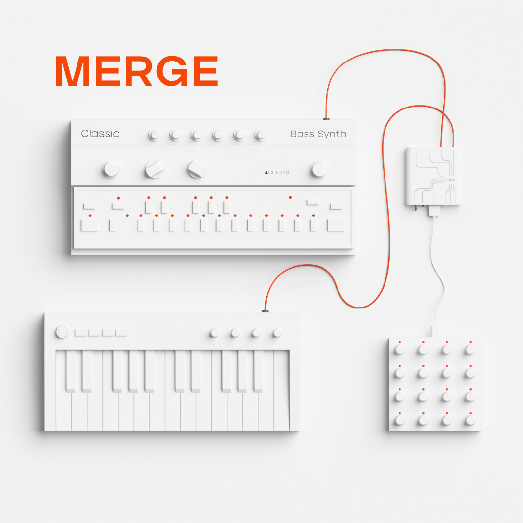 Light image of an instrument, a synth, a Knot and a Grid controller with four wires