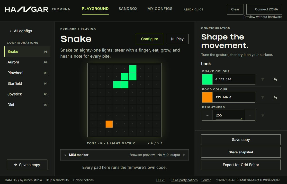 The HANGAR app showing a ZONA setup